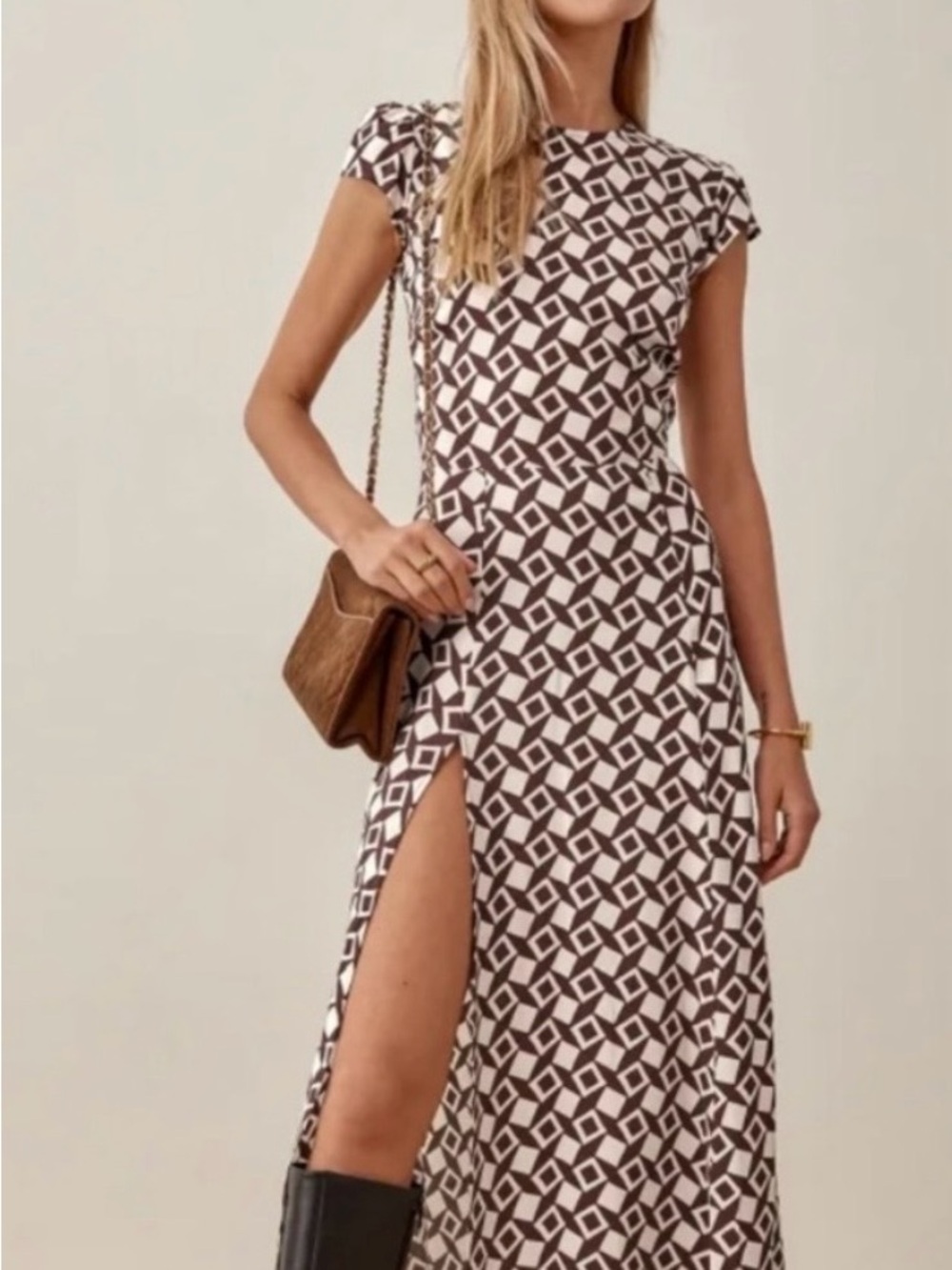 Reformation Brown and White Geometric Gavin MidiDress